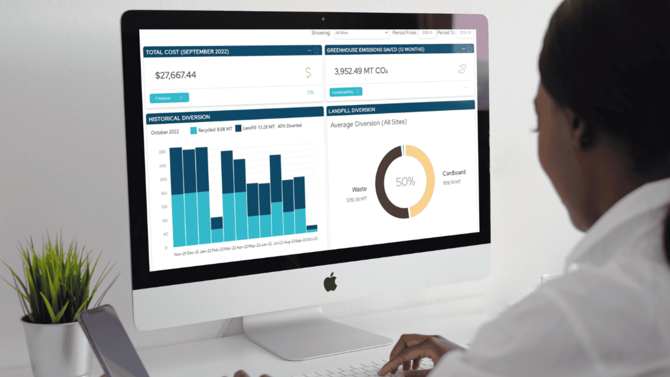 Business professional analyzing waste management metrics on a computer screen.