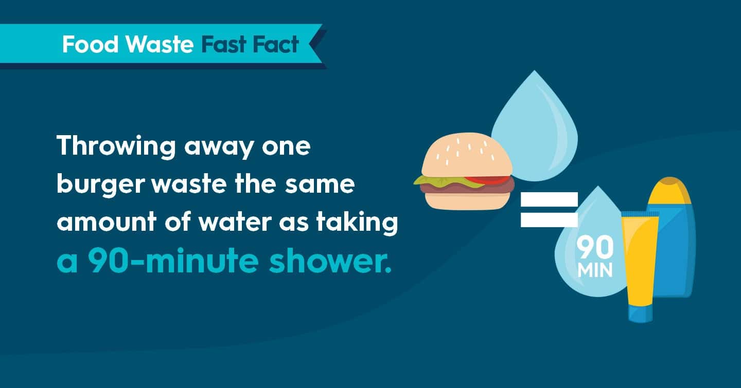 Illustration of burger waste and water droplet showing 90-minute water use for waste.