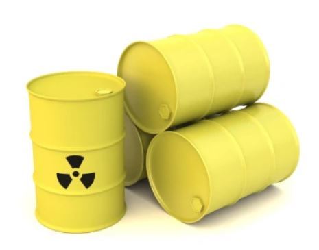 isolated image of steel drums of hazardous materials - hazard symbol on bin