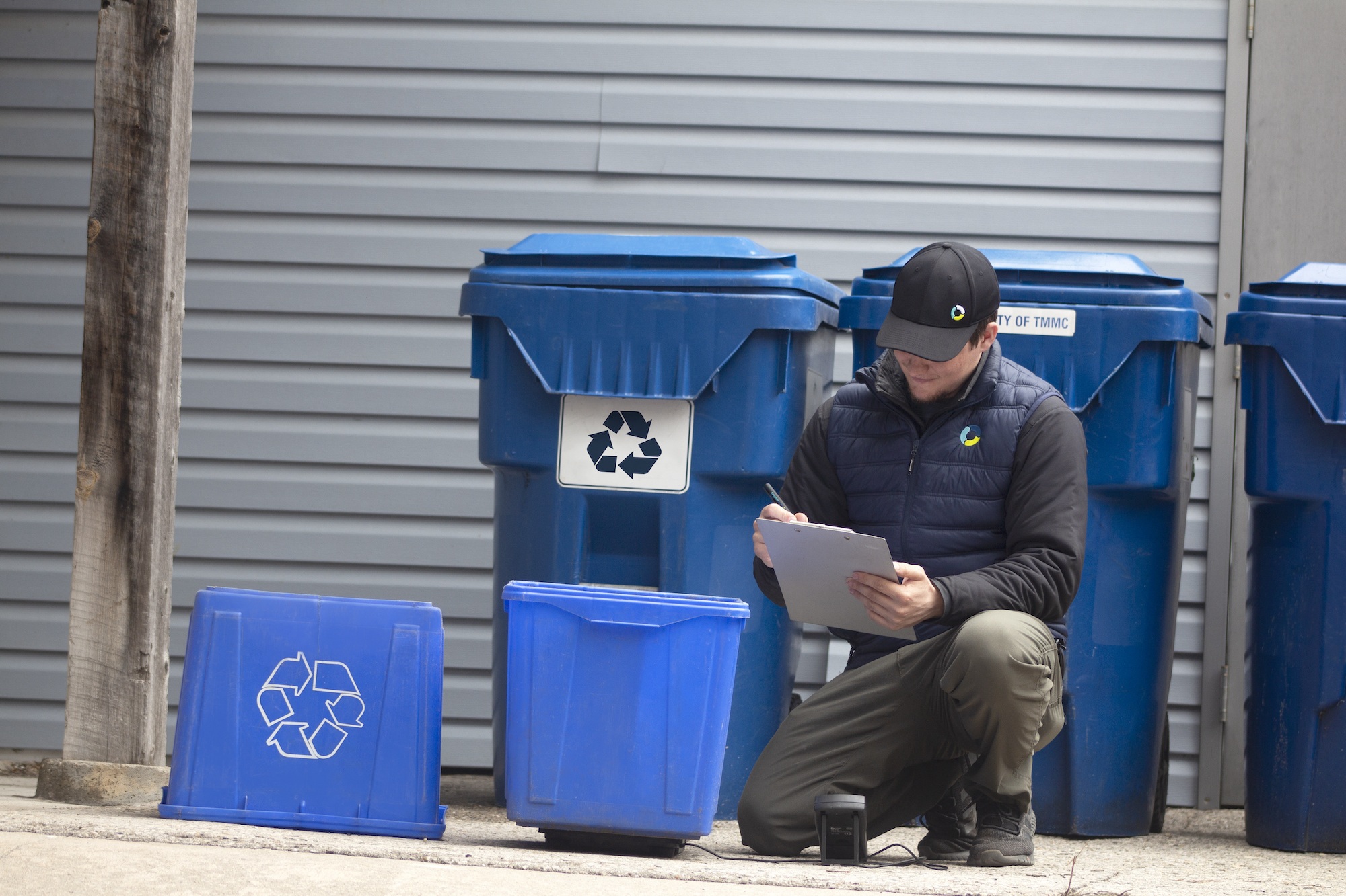smiling waste auditor weighing recycling bin