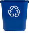 blue under-desk recycling tote with recycling symbol