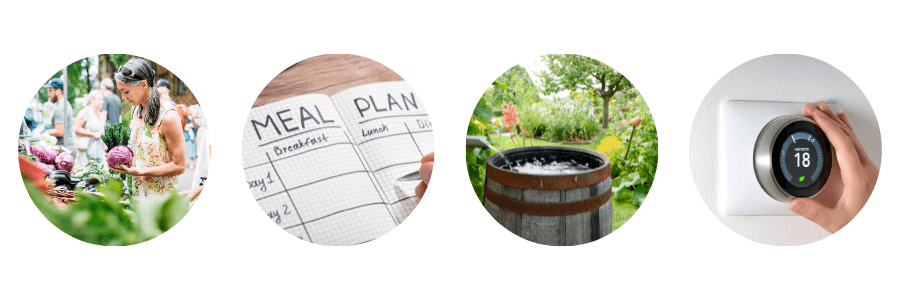 Image of woman at farmers market, a notebook of a meal plan, a rain barrel and smart thermostat.