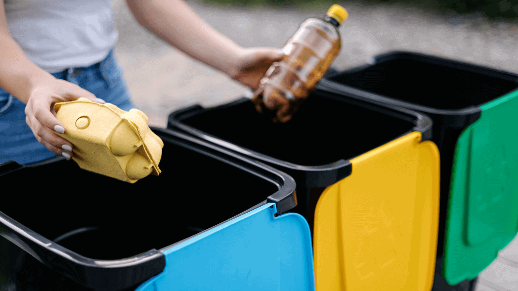 Person disposing of recyclable waste into colored bins for sustainability.
