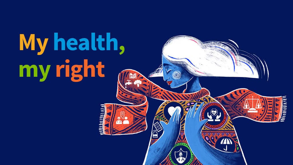 Woman holding a heart symbol with waste management icons for World Health Day awareness.