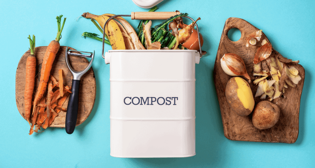Compost bin with food scraps and vegetables for eco-friendly waste management.