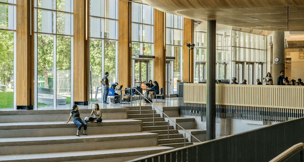 Interior of a modern building showcasing waste management and sustainability practices.