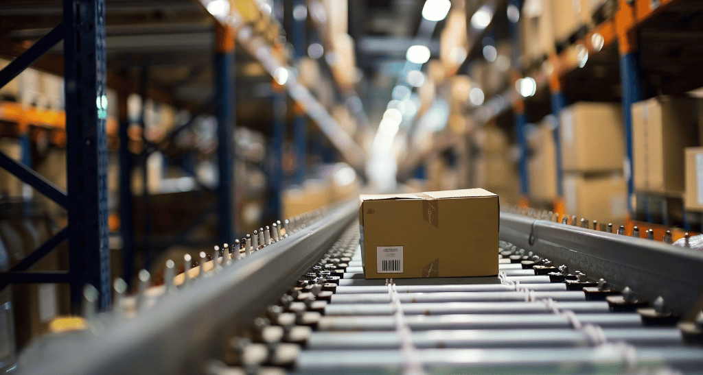 Warehouse conveyor belt with recycling boxes for waste management solutions.