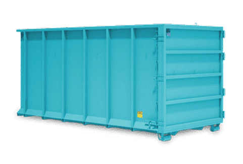 Large blue waste container for construction, residential, and commercial waste disposal.