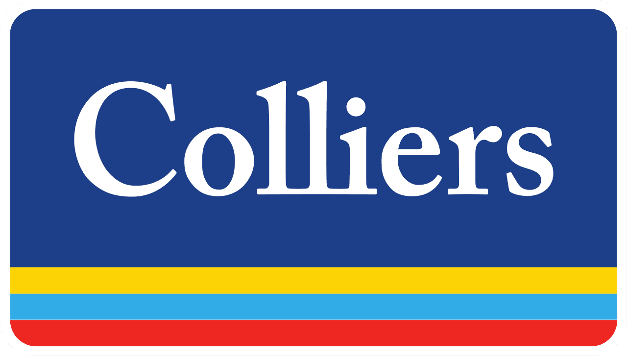 Colliers Waste Solutions logo on a blue background with colorful stripes.